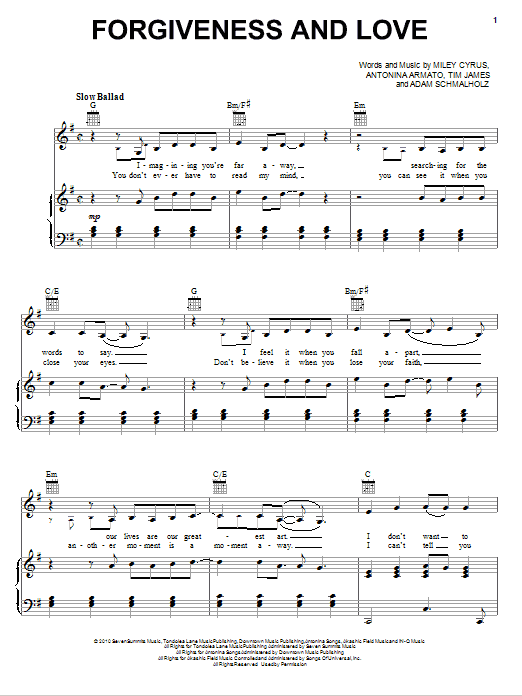 Download Miley Cyrus Forgiveness And Love Sheet Music and learn how to play Piano, Vocal & Guitar (Right-Hand Melody) PDF digital score in minutes