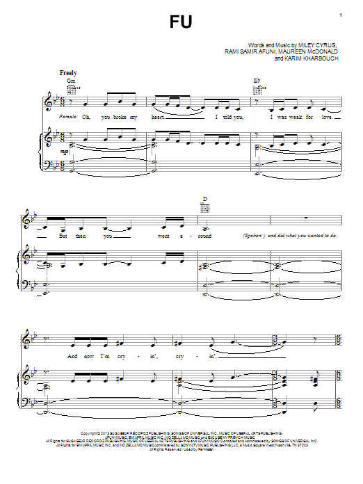 Download Miley Cyrus FU Sheet Music and learn how to play Piano, Vocal & Guitar (Right-Hand Melody) PDF digital score in minutes