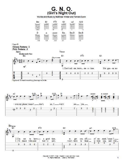 Download Miley Cyrus G.N.O. (Girl's Night Out) Sheet Music and learn how to play Easy Guitar Tab PDF digital score in minutes