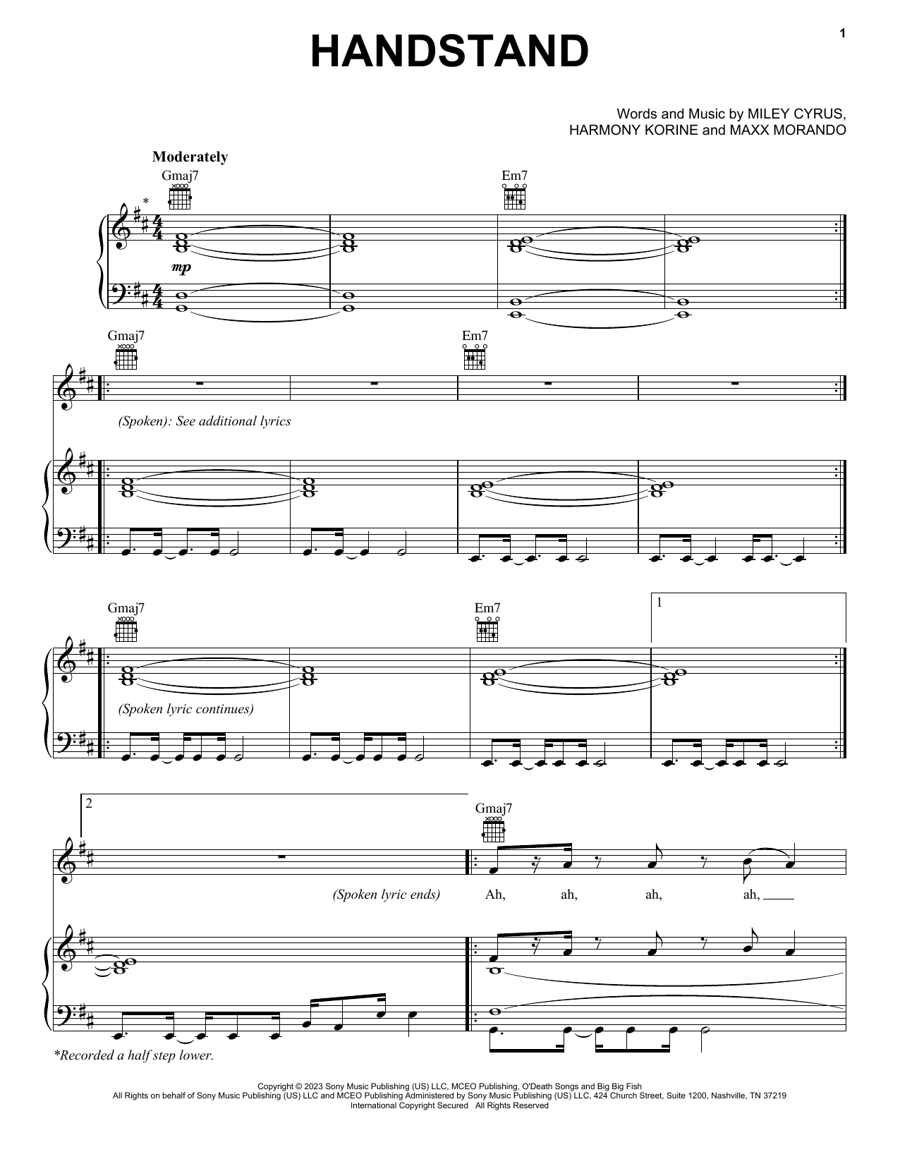 Download Miley Cyrus Handstand Sheet Music and learn how to play Piano, Vocal & Guitar Chords (Right-Hand Melody) PDF digital score in minutes