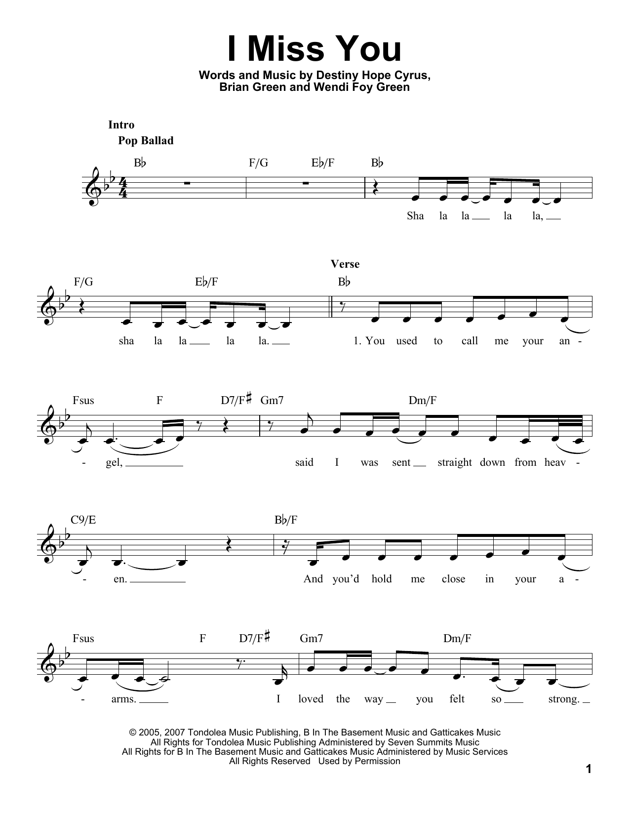 Download Miley Cyrus I Miss You Sheet Music and learn how to play Voice PDF digital score in minutes