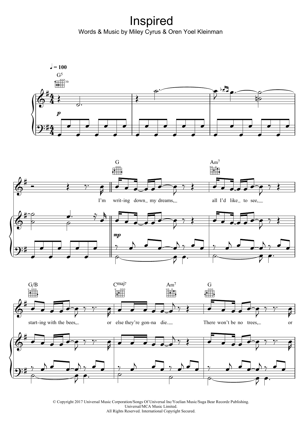 Download Miley Cyrus Inspired Sheet Music and learn how to play Piano, Vocal & Guitar (Right-Hand Melody) PDF digital score in minutes