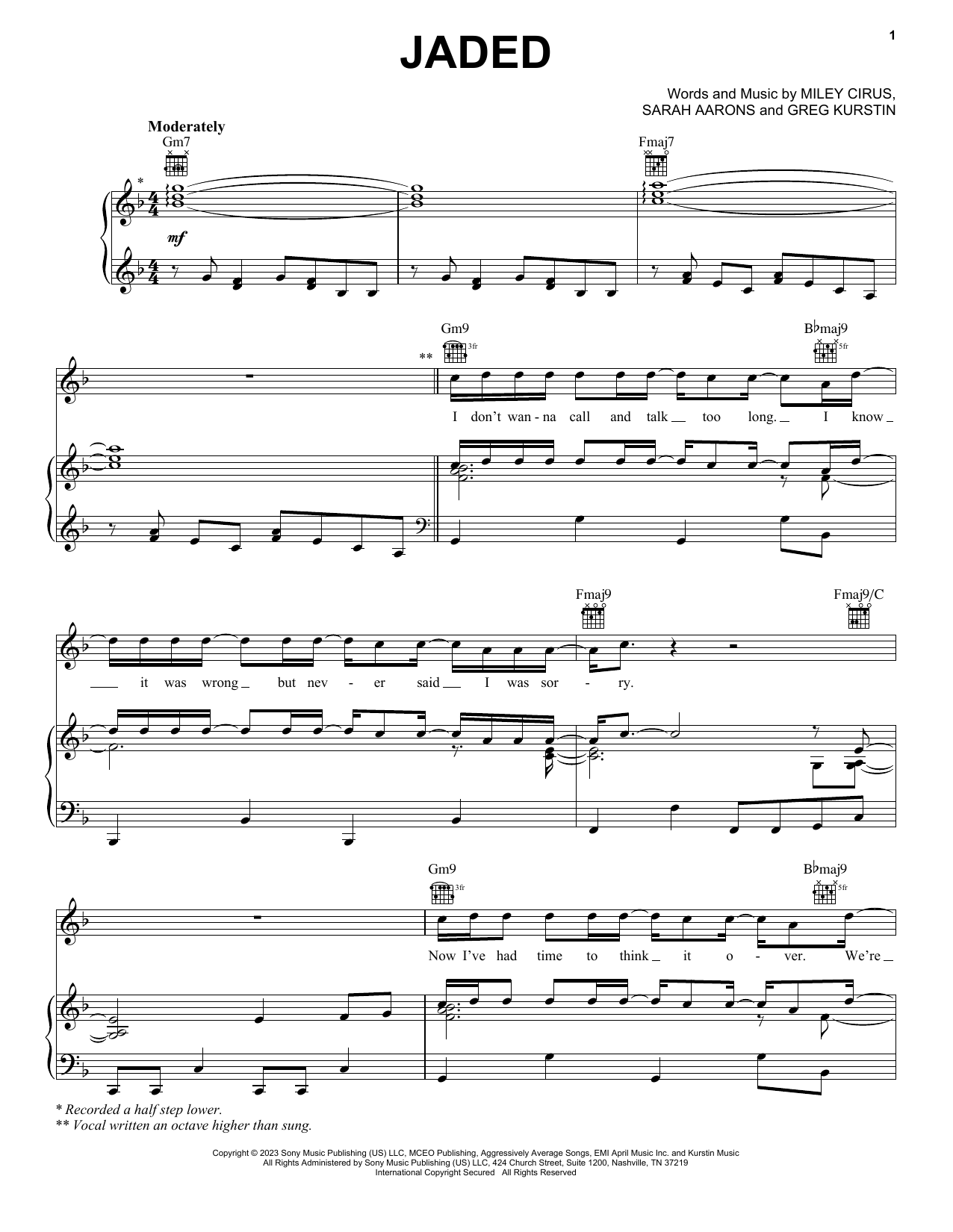Download Miley Cyrus Jaded Sheet Music and learn how to play Easy Piano PDF digital score in minutes