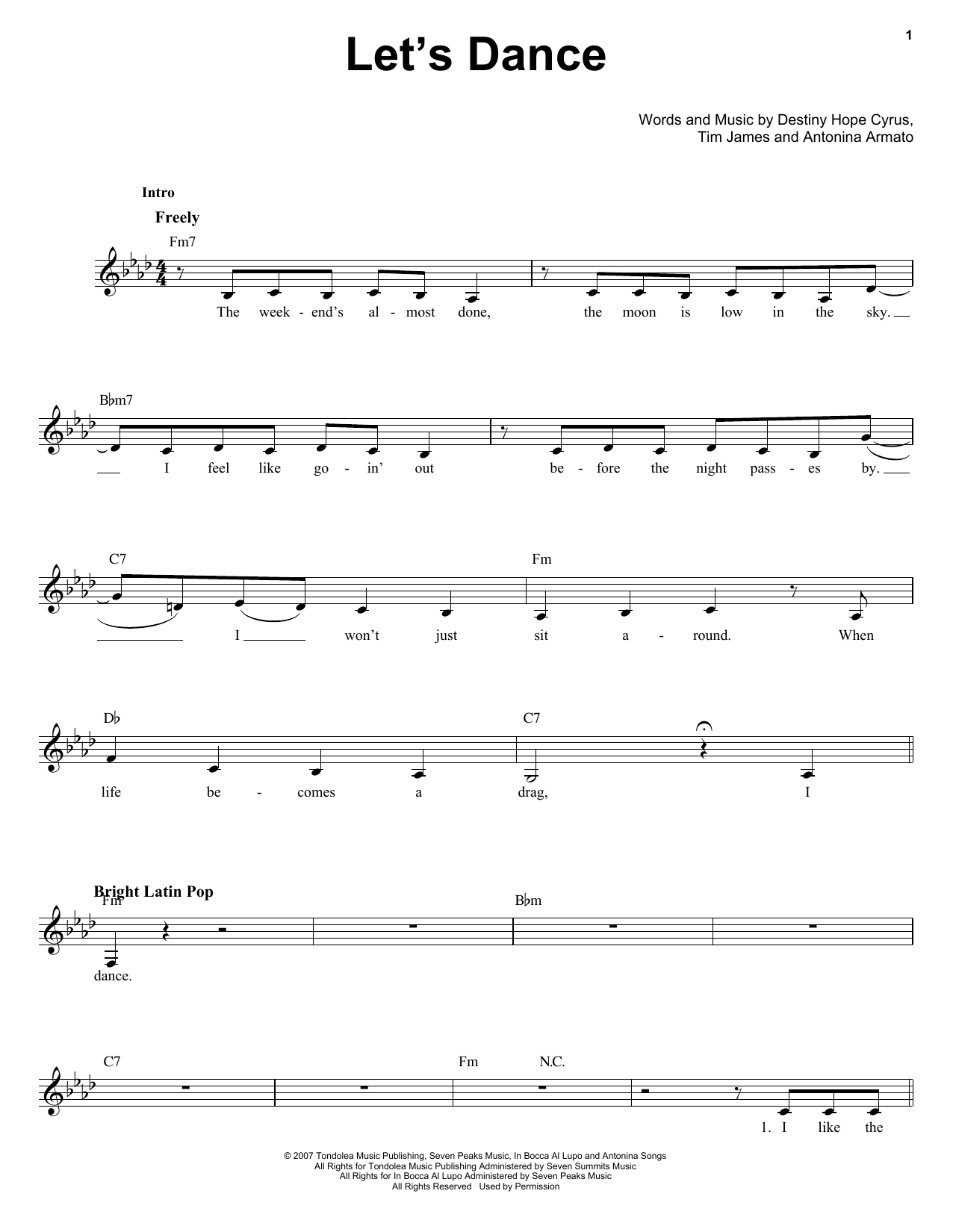 Download Miley Cyrus Let's Dance Sheet Music and learn how to play Voice PDF digital score in minutes