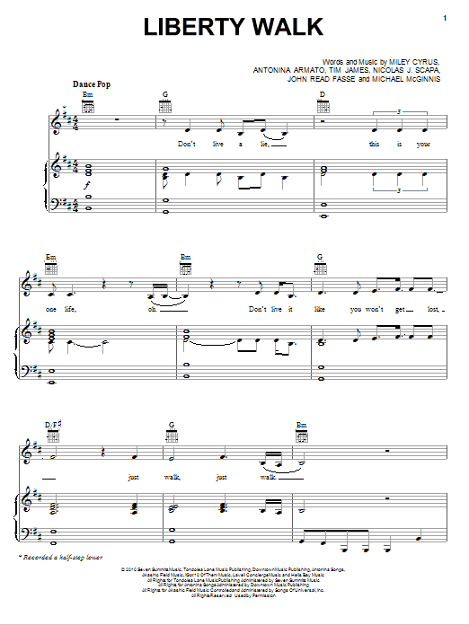 Download Miley Cyrus Liberty Walk Sheet Music and learn how to play Piano, Vocal & Guitar (Right-Hand Melody) PDF digital score in minutes