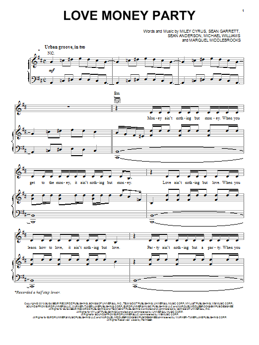Download Miley Cyrus Love Money Party Sheet Music and learn how to play Piano, Vocal & Guitar (Right-Hand Melody) PDF digital score in minutes