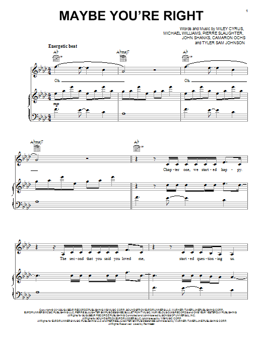 Download Miley Cyrus Maybe You're Right Sheet Music and learn how to play Piano, Vocal & Guitar (Right-Hand Melody) PDF digital score in minutes