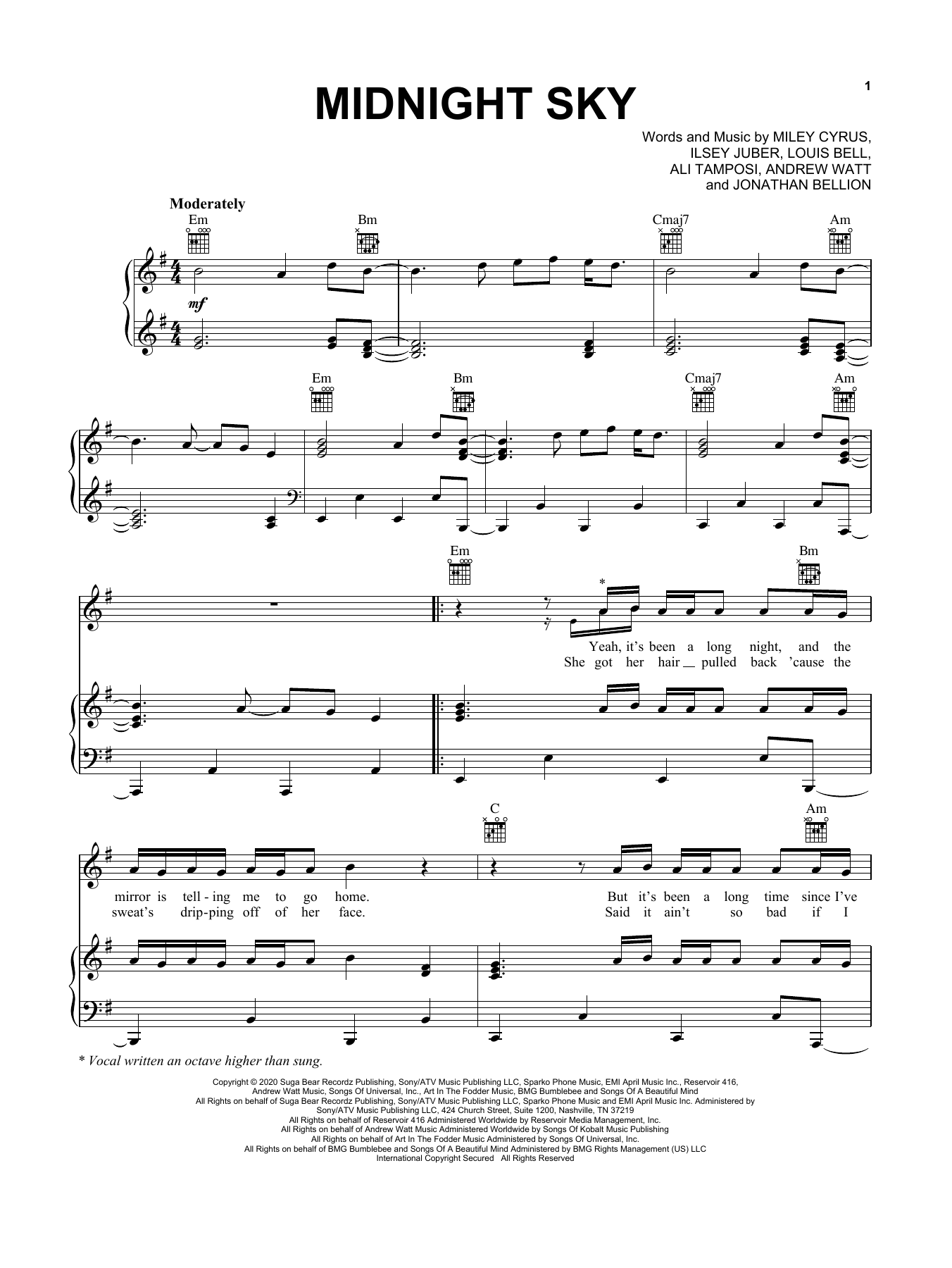 Download Miley Cyrus Midnight Sky Sheet Music and learn how to play Piano, Vocal & Guitar Chords (Right-Hand Melody) PDF digital score in minutes