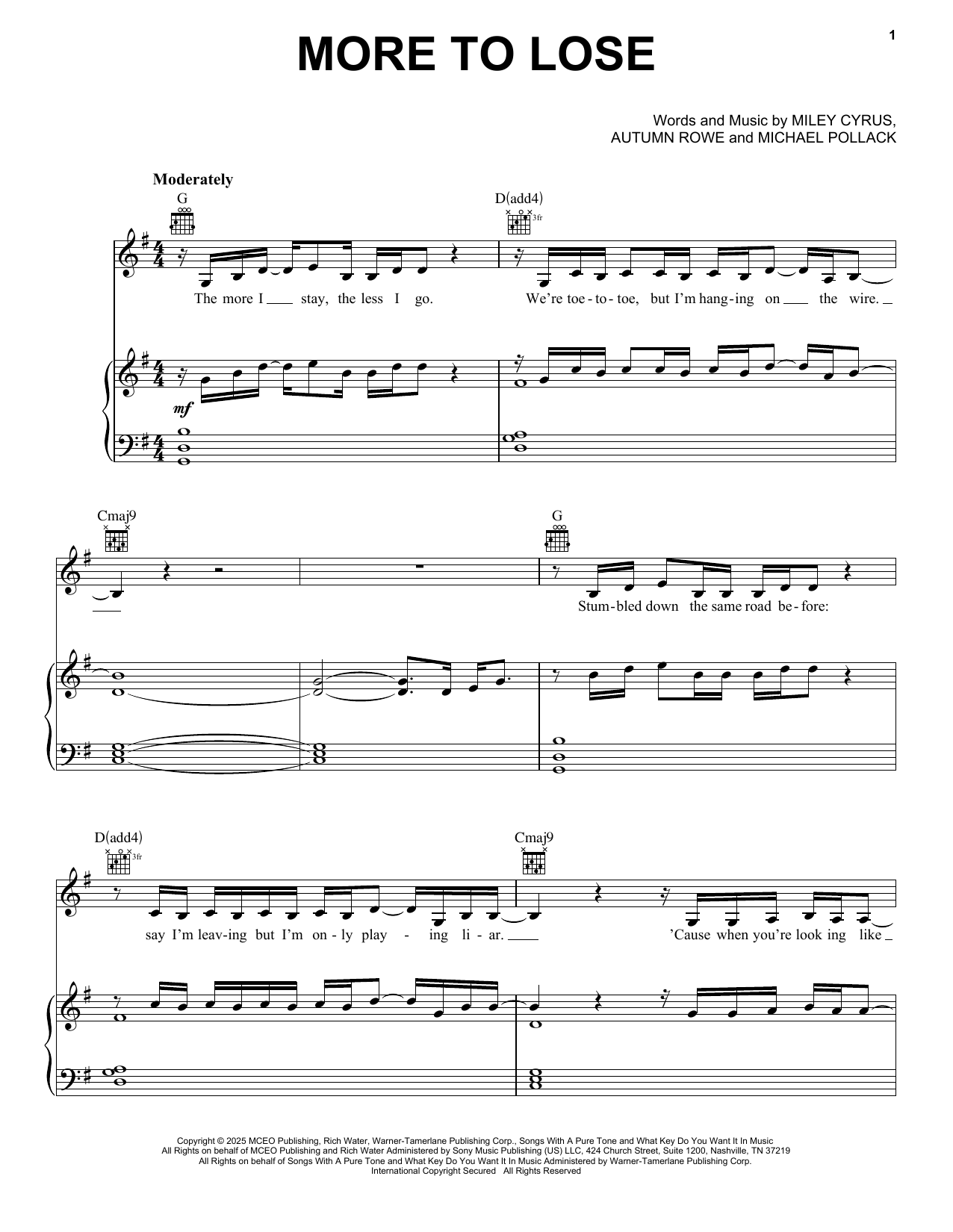 Download Miley Cyrus More To Lose Sheet Music and learn how to play Piano, Vocal & Guitar Chords (Right-Hand Melody) PDF digital score in minutes