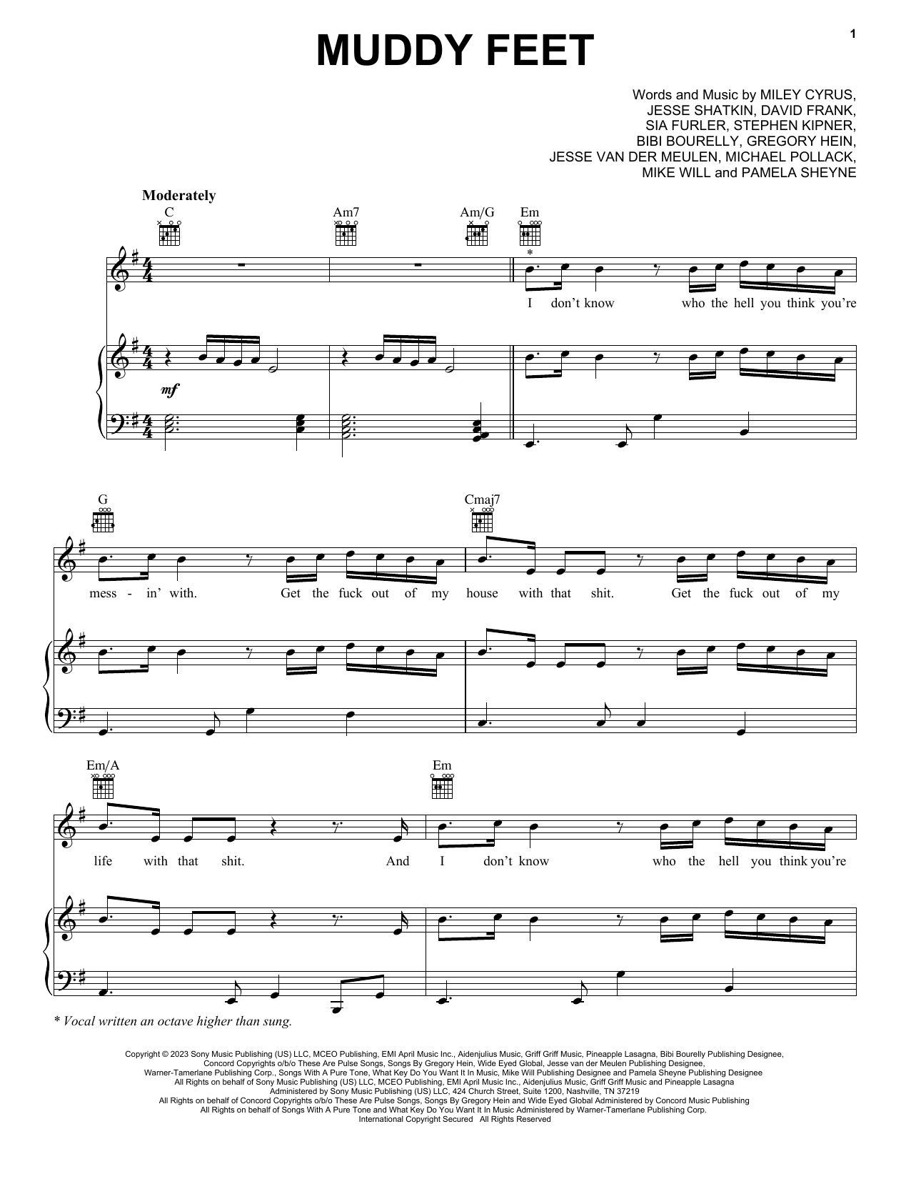 Download Miley Cyrus feat. Sia Muddy Feet Sheet Music and learn how to play Easy Piano PDF digital score in minutes