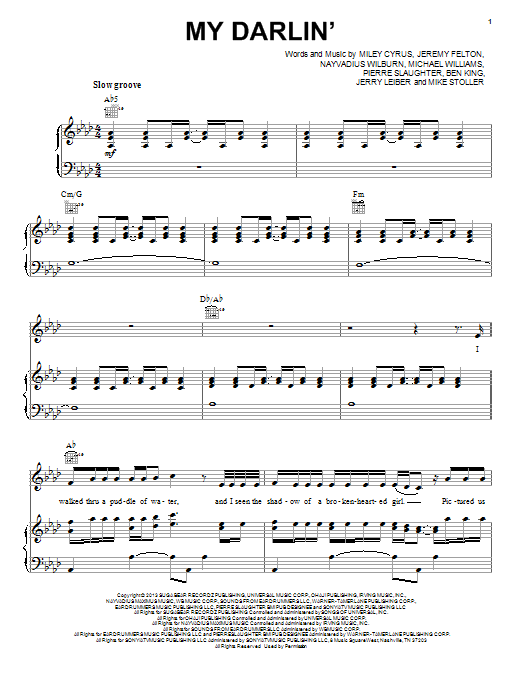 Download Miley Cyrus My Darlin' Sheet Music and learn how to play Piano, Vocal & Guitar (Right-Hand Melody) PDF digital score in minutes