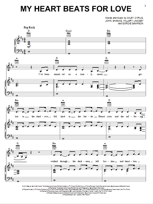 Download Miley Cyrus My Heart Beats For Love Sheet Music and learn how to play Piano, Vocal & Guitar (Right-Hand Melody) PDF digital score in minutes