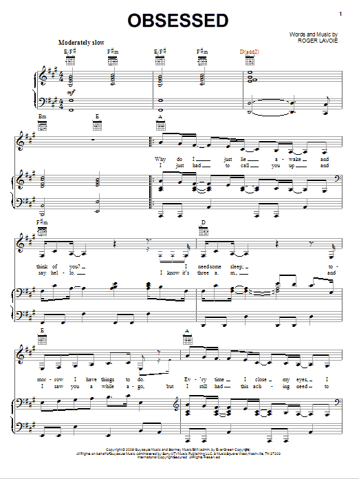 Download Miley Cyrus Obsessed Sheet Music and learn how to play Piano, Vocal & Guitar (Right-Hand Melody) PDF digital score in minutes