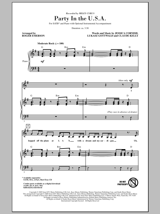 Download Miley Cyrus Party In The USA (arr. Roger Emerson) Sheet Music and learn how to play SSA Choir PDF digital score in minutes