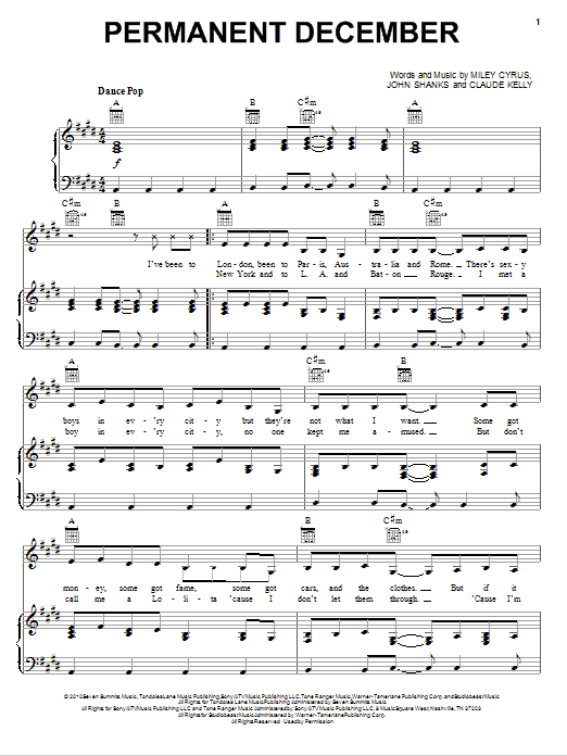 Download Miley Cyrus Permanent December Sheet Music and learn how to play Piano, Vocal & Guitar (Right-Hand Melody) PDF digital score in minutes