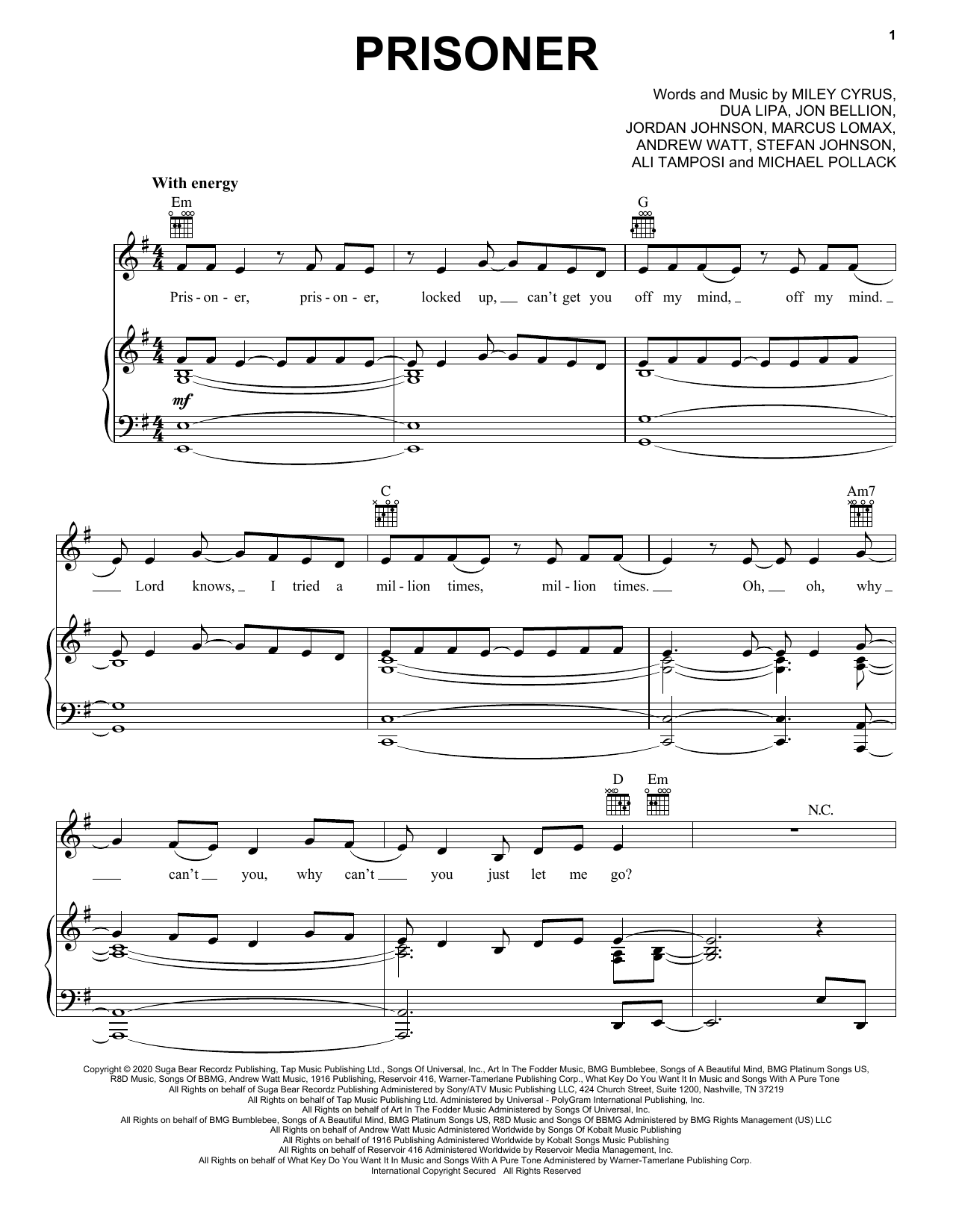 Download Miley Cyrus Prisoner (feat. Dua Lipa) Sheet Music and learn how to play Easy Piano PDF digital score in minutes