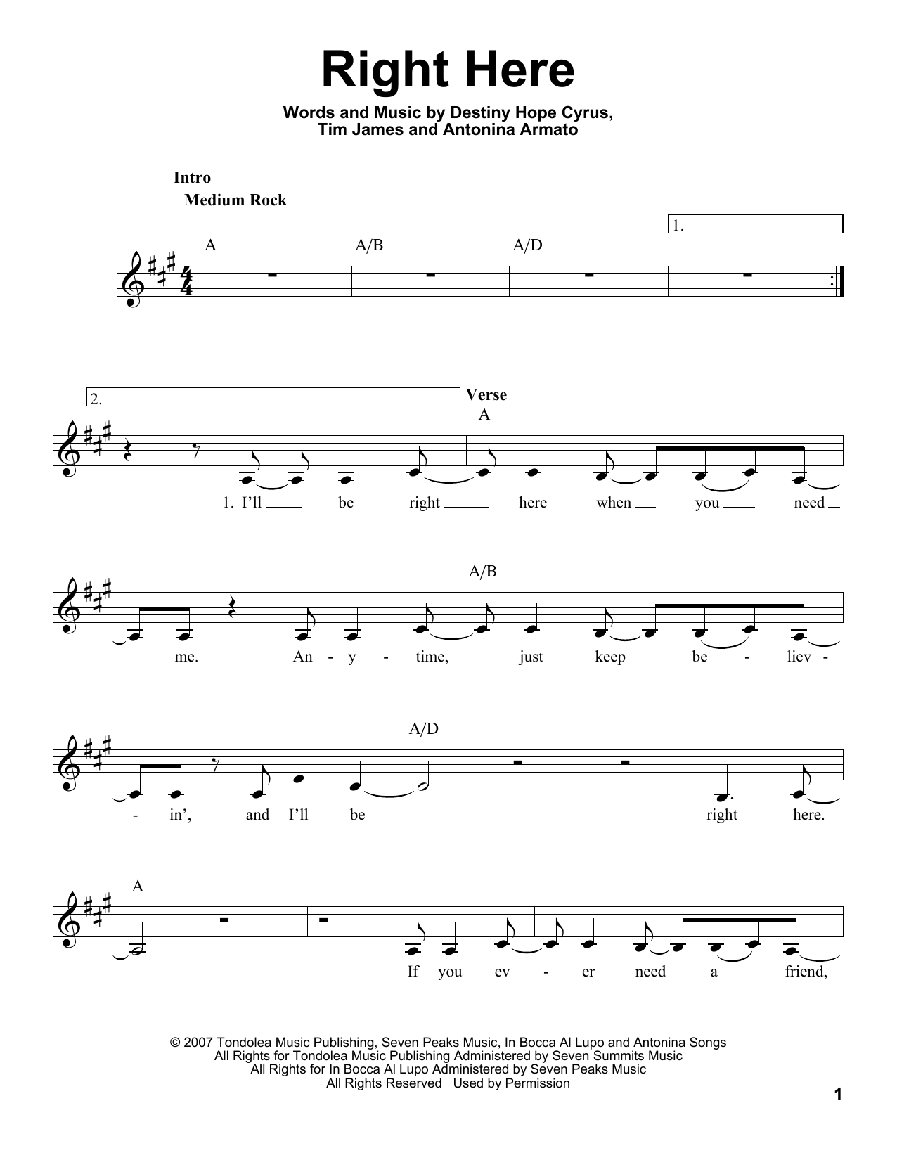 Download Miley Cyrus Right Here Sheet Music and learn how to play Voice PDF digital score in minutes