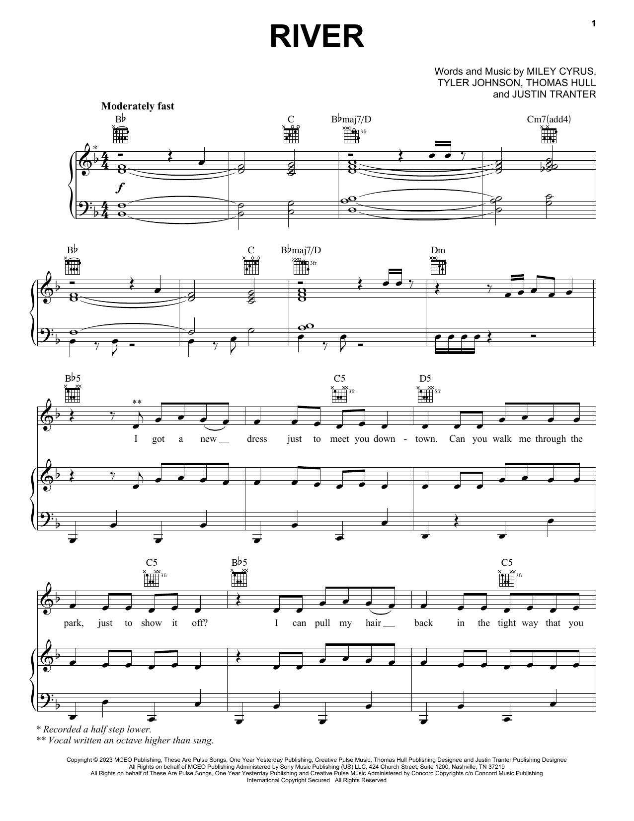 Download Miley Cyrus River Sheet Music and learn how to play Easy Piano PDF digital score in minutes