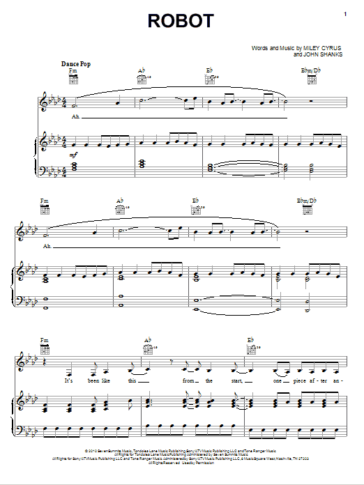 Download Miley Cyrus Robot Sheet Music and learn how to play Piano, Vocal & Guitar (Right-Hand Melody) PDF digital score in minutes