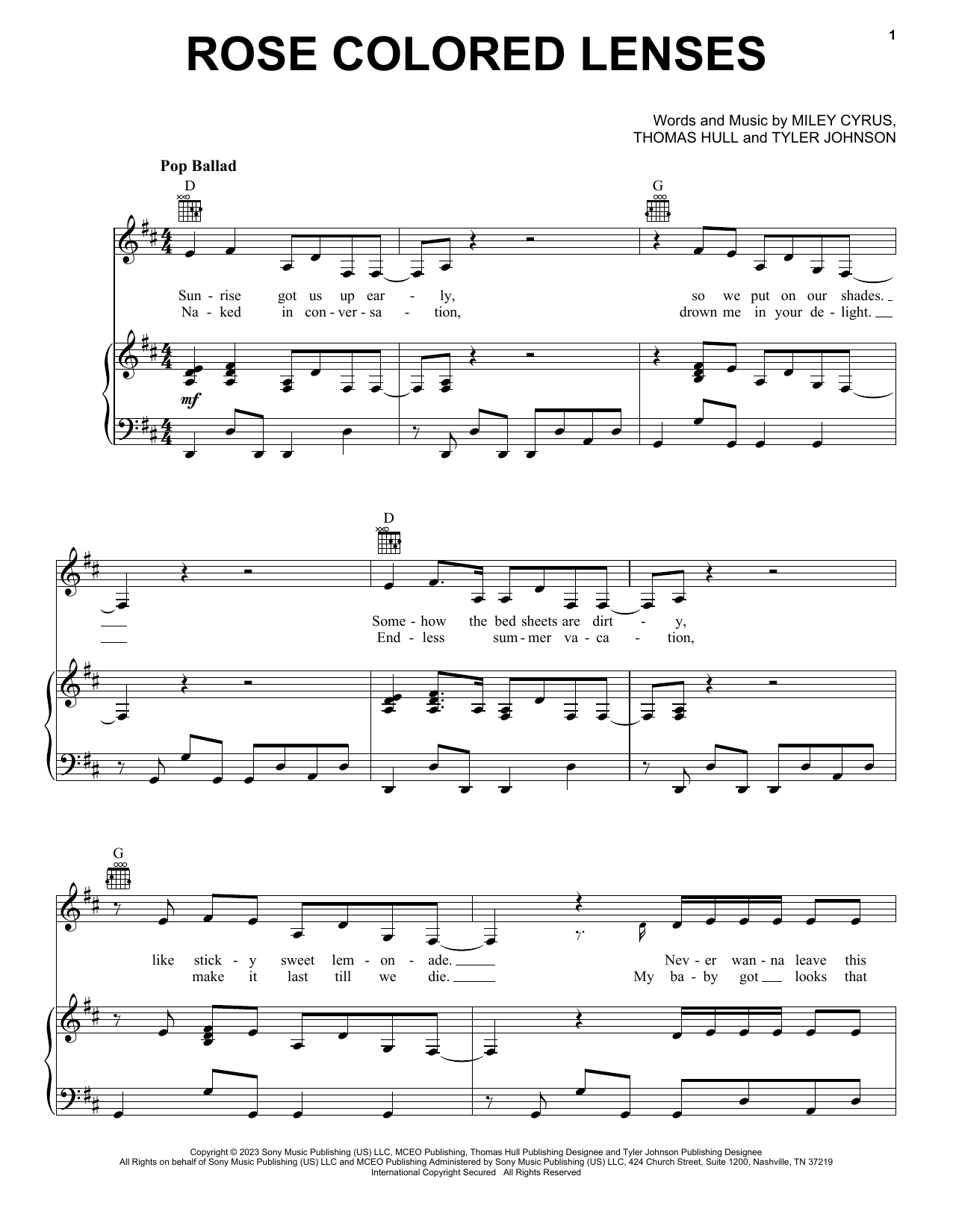 Download Miley Cyrus Rose Colored Lenses Sheet Music and learn how to play Piano, Vocal & Guitar Chords (Right-Hand Melody) PDF digital score in minutes