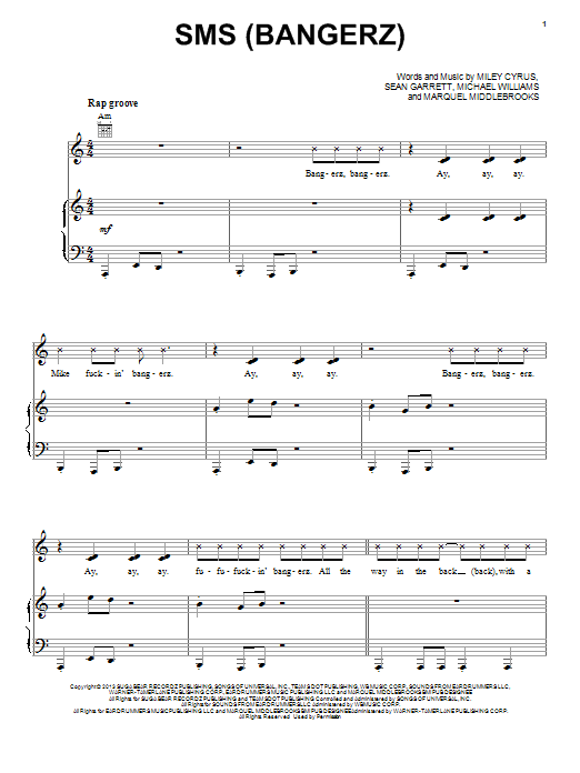 Download Miley Cyrus SMS (Bangerz) Sheet Music and learn how to play Piano, Vocal & Guitar (Right-Hand Melody) PDF digital score in minutes