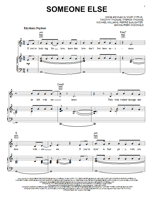 Download Miley Cyrus Someone Else Sheet Music and learn how to play Piano, Vocal & Guitar (Right-Hand Melody) PDF digital score in minutes