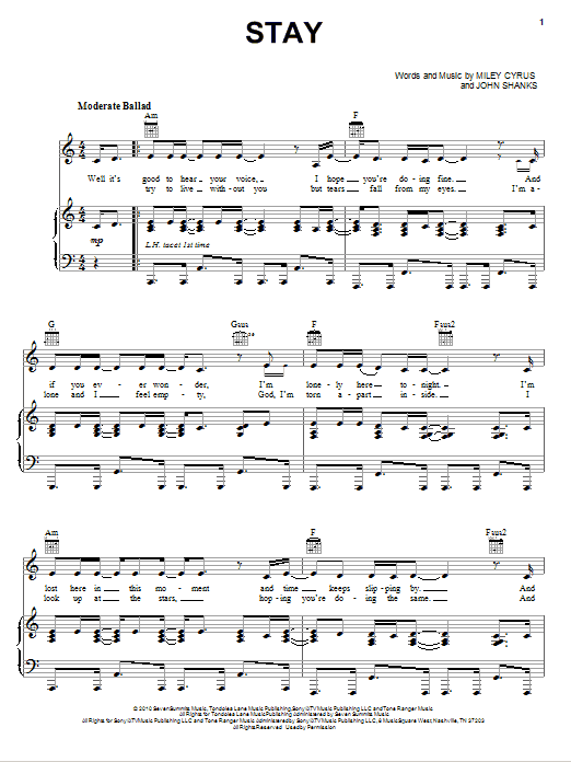 Download Miley Cyrus Stay Sheet Music and learn how to play Piano, Vocal & Guitar (Right-Hand Melody) PDF digital score in minutes