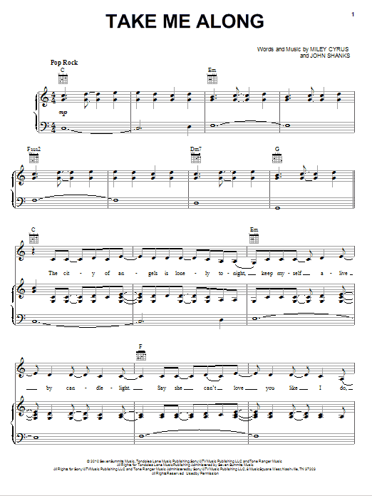 Download Miley Cyrus Take Me Along Sheet Music and learn how to play Piano, Vocal & Guitar (Right-Hand Melody) PDF digital score in minutes