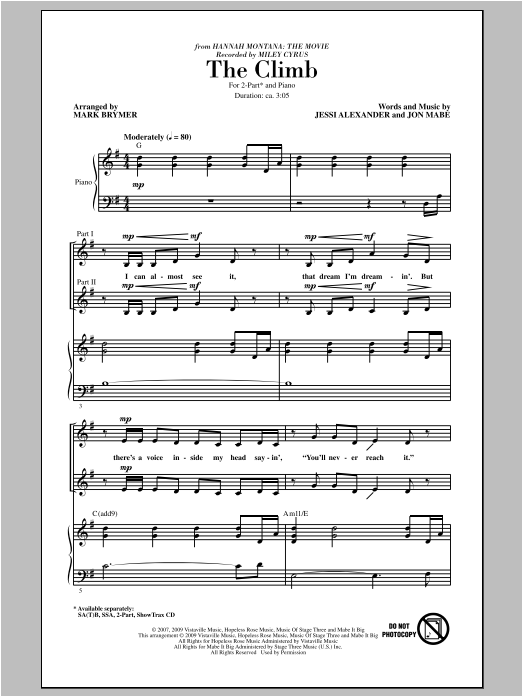 Download Miley Cyrus The Climb (arr. Mark Brymer) Sheet Music and learn how to play 2-Part Choir PDF digital score in minutes