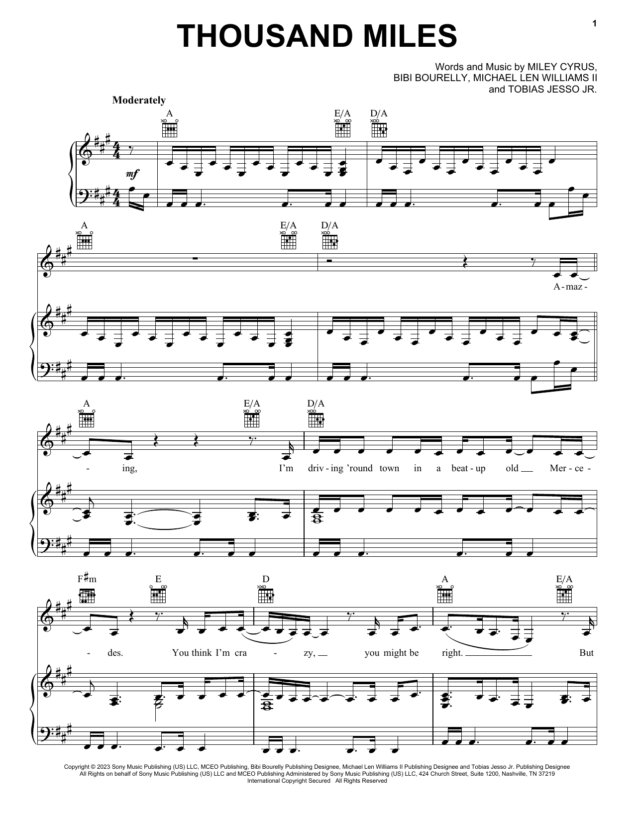 Download Miley Cyrus Thousand Miles (feat. Brandi Carlile) Sheet Music and learn how to play Piano, Vocal & Guitar Chords (Right-Hand Melody) PDF digital score in minutes