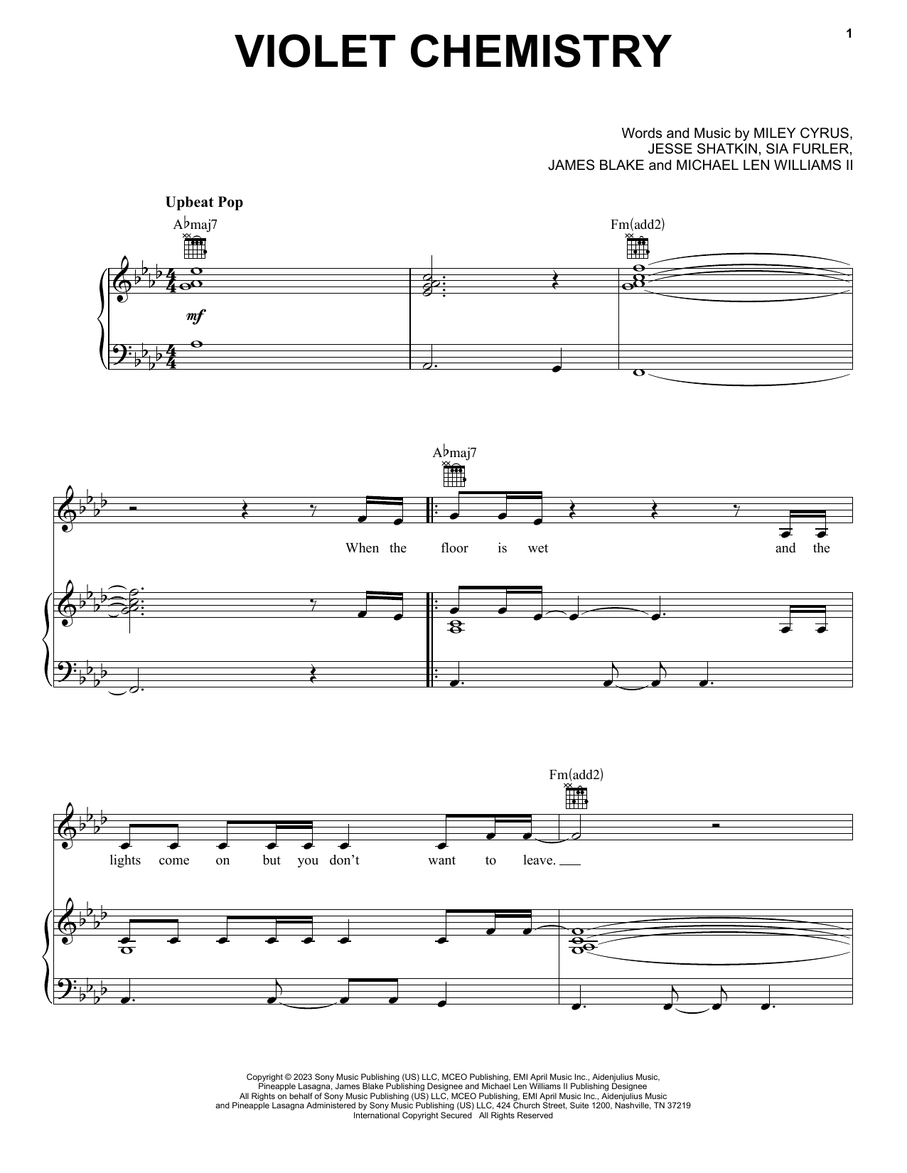Download Miley Cyrus Violet Chemistry Sheet Music and learn how to play Piano, Vocal & Guitar Chords (Right-Hand Melody) PDF digital score in minutes