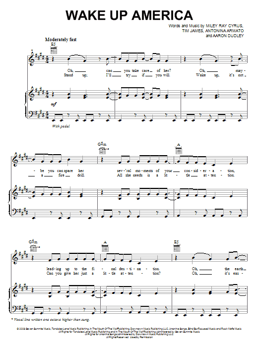 Download Miley Cyrus Wake Up America Sheet Music and learn how to play Easy Piano PDF digital score in minutes