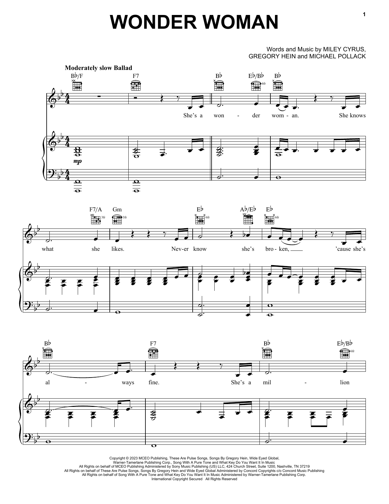 Download Miley Cyrus Wonder Woman Sheet Music and learn how to play Easy Piano PDF digital score in minutes