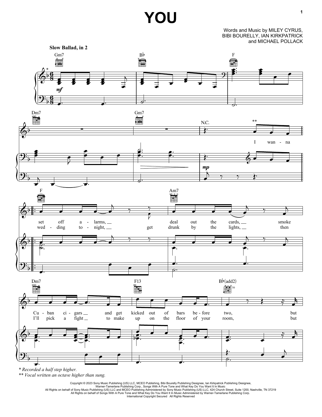 Download Miley Cyrus You Sheet Music and learn how to play Piano, Vocal & Guitar Chords (Right-Hand Melody) PDF digital score in minutes