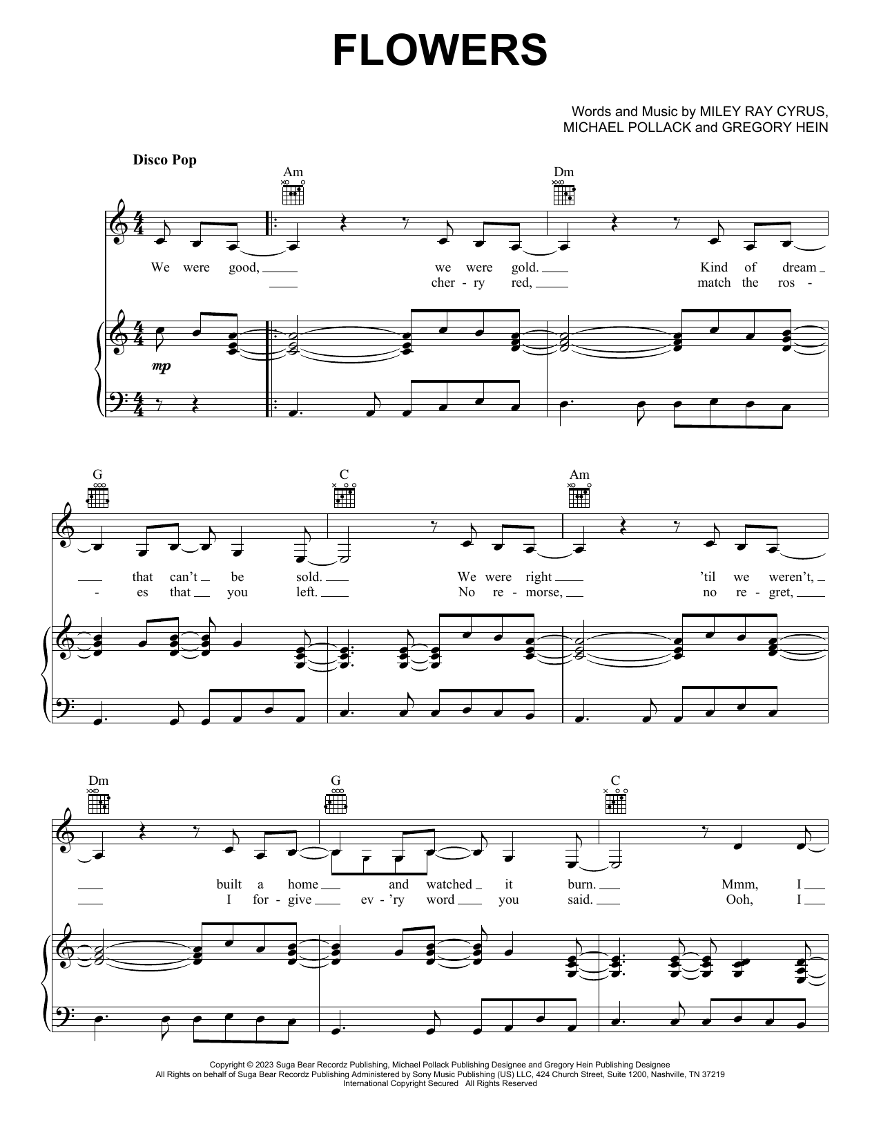 Download Miley Cyrus Sheet Music and learn how to play Piano, Vocal & Guitar Chords (Right-Hand Melody) PDF score in minutes