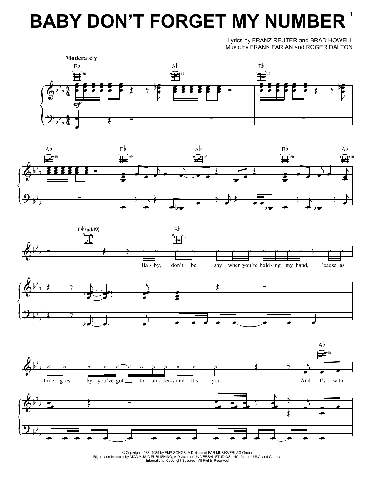 Download Milli Vanilli Baby Don't Forget My Number Sheet Music and learn how to play Piano, Vocal & Guitar Chords (Right-Hand Melody) PDF digital score in minutes