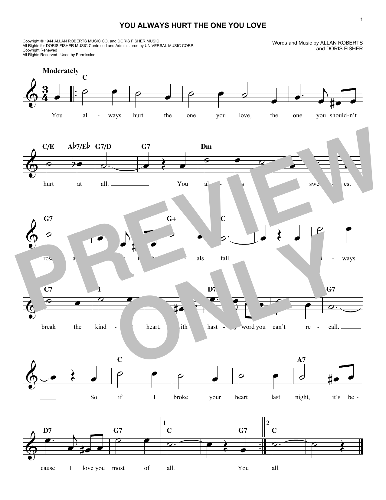 Download Mills Brothers You Always Hurt The One You Love Sheet Music and learn how to play Melody Line, Lyrics & Chords PDF digital score in minutes
