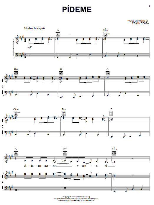 Download Milly Quezada Pideme Sheet Music and learn how to play Piano, Vocal & Guitar (Right-Hand Melody) PDF digital score in minutes