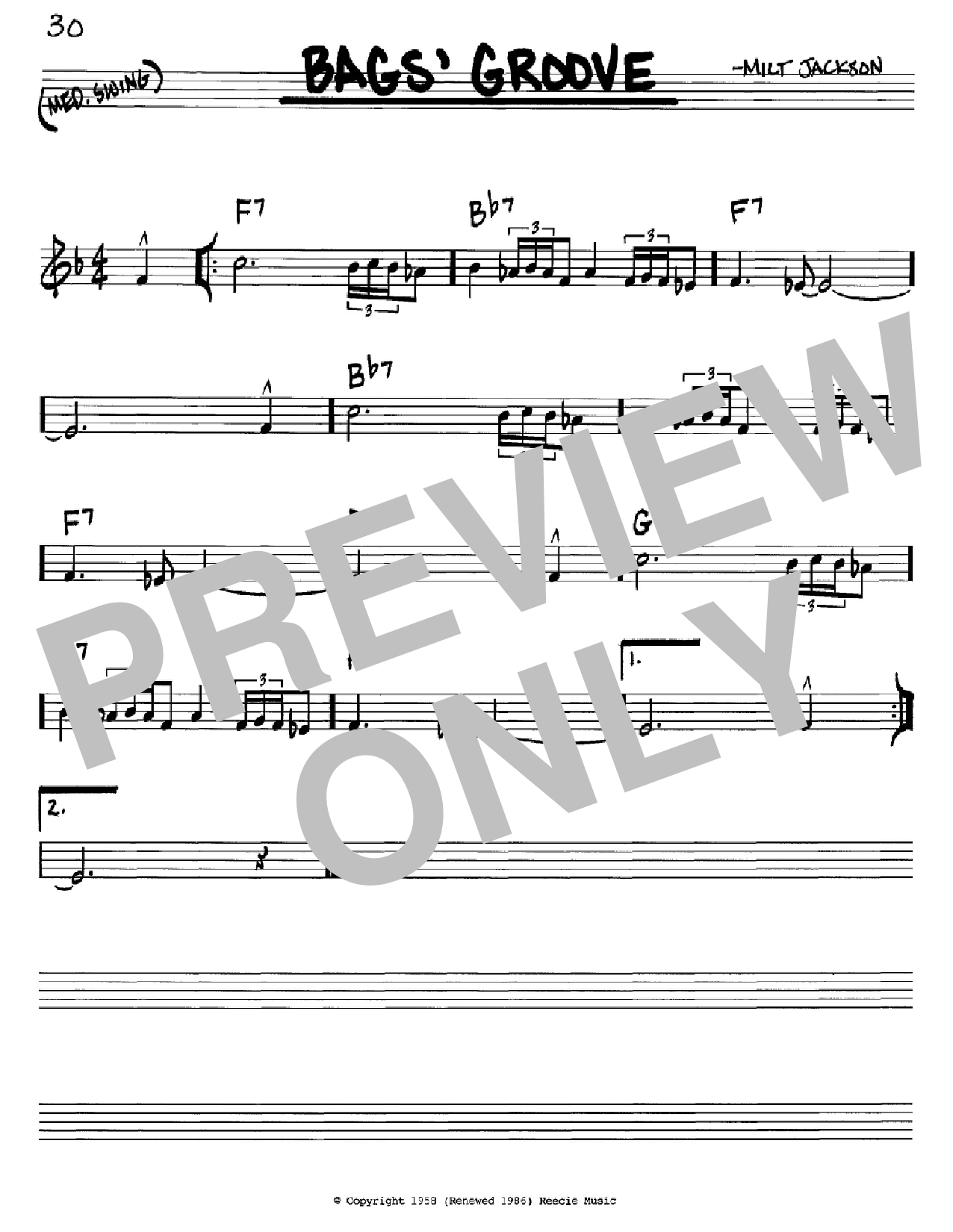 Download Milt Jackson Bags' Groove Sheet Music and learn how to play Real Book – Melody & Chords – C Instruments PDF digital score in minutes