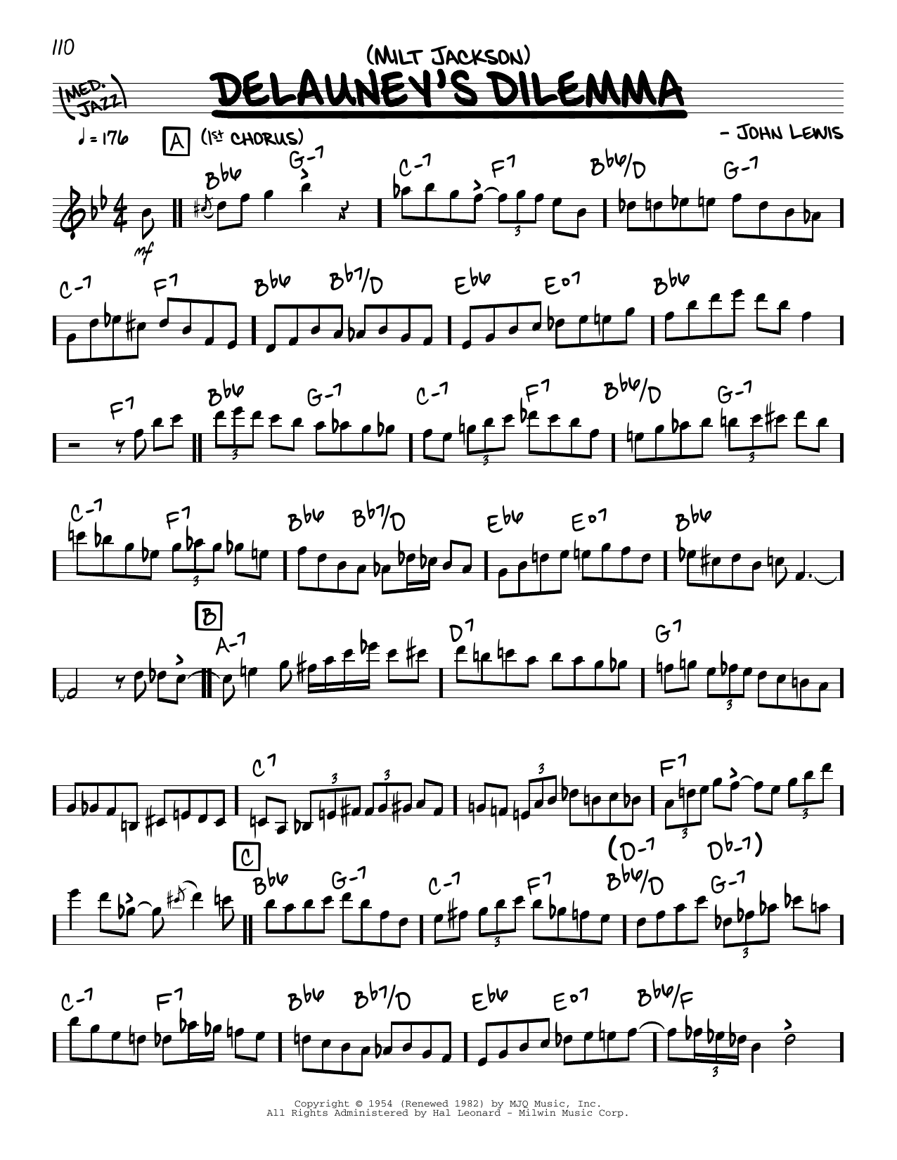 Download Milt Jackson Delauney's Dilemma (solo only) Sheet Music and learn how to play Real Book – Melody & Chords PDF digital score in minutes