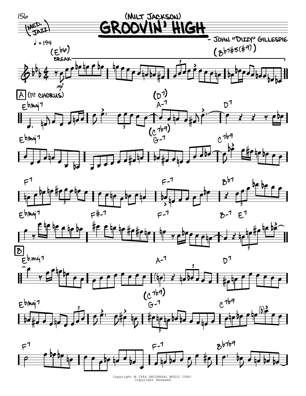 Download Milt Jackson Groovin' High (solo only) Sheet Music and learn how to play Real Book – Melody & Chords PDF digital score in minutes