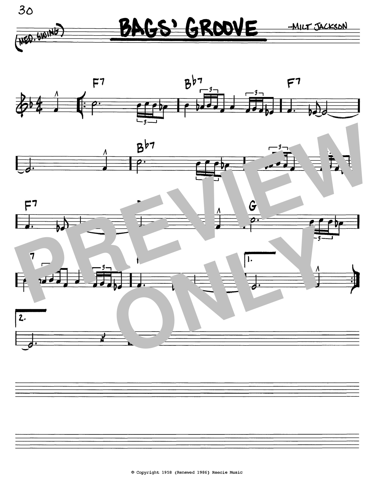 Milt Jackson "Bags' Groove" Sheet Music Notes Download Printable PDF