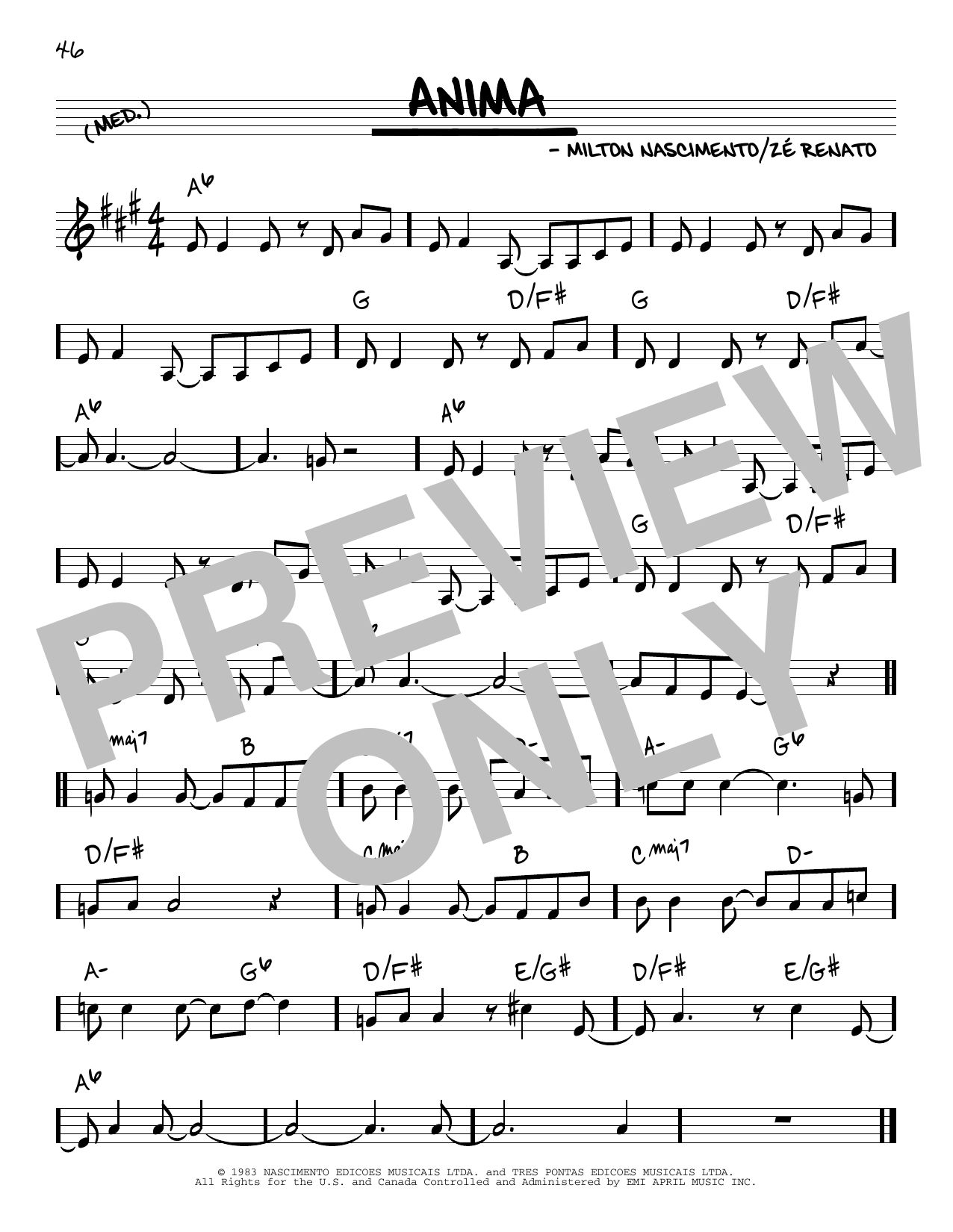 Download Milton Nascimento Anima Sheet Music and learn how to play Real Book – Melody & Chords PDF digital score in minutes