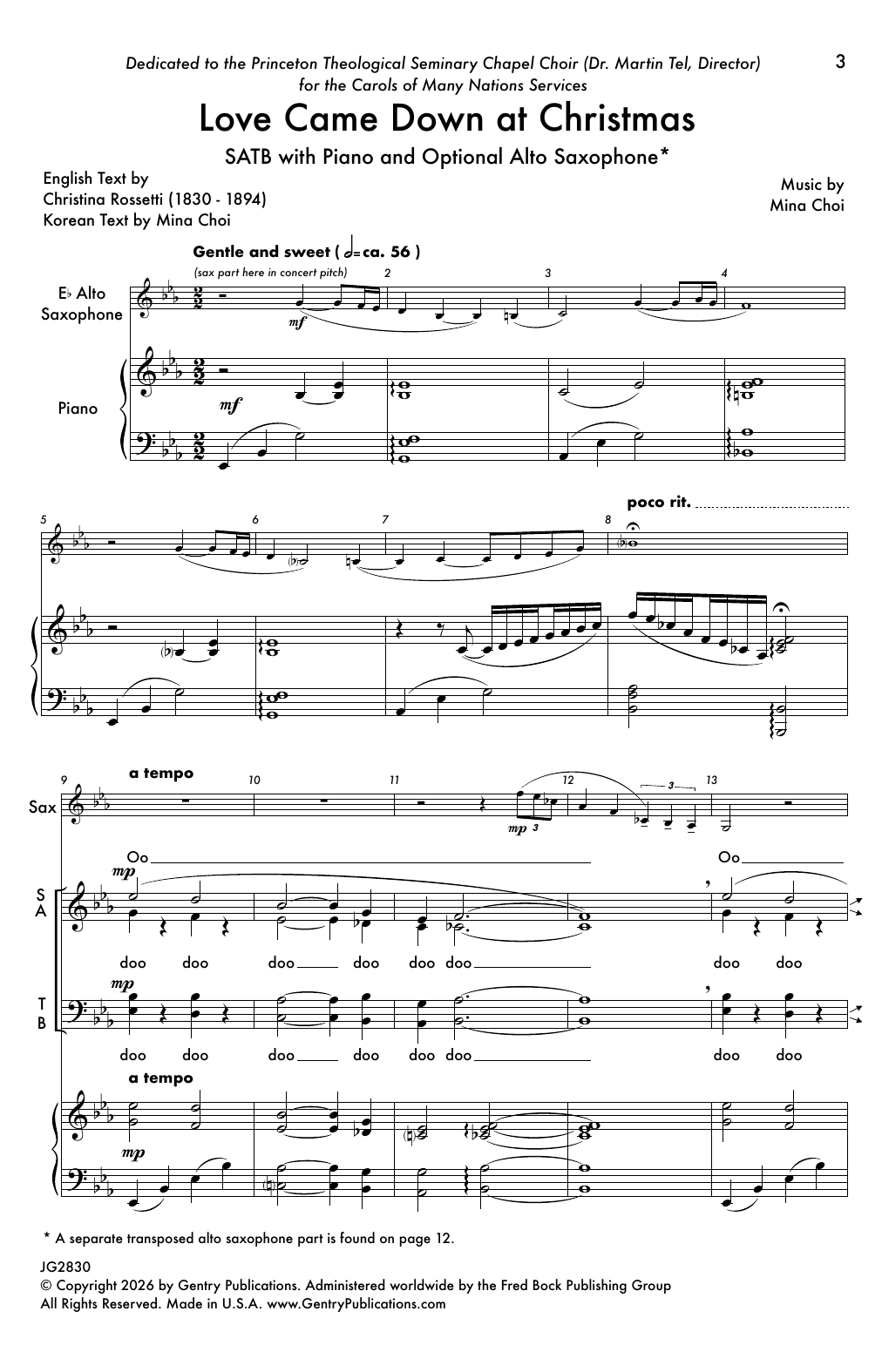 Download Mina Choi Love Came Down at Christmas Sheet Music and learn how to play SATB Choir PDF digital score in minutes