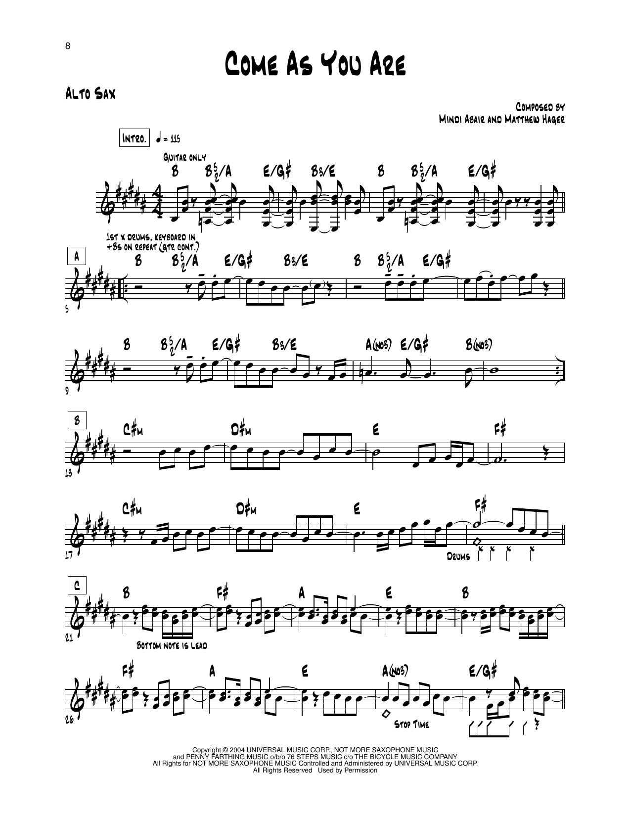 Download Mindi Abair Come As You Are Sheet Music and learn how to play Alto Sax Transcription PDF digital score in minutes