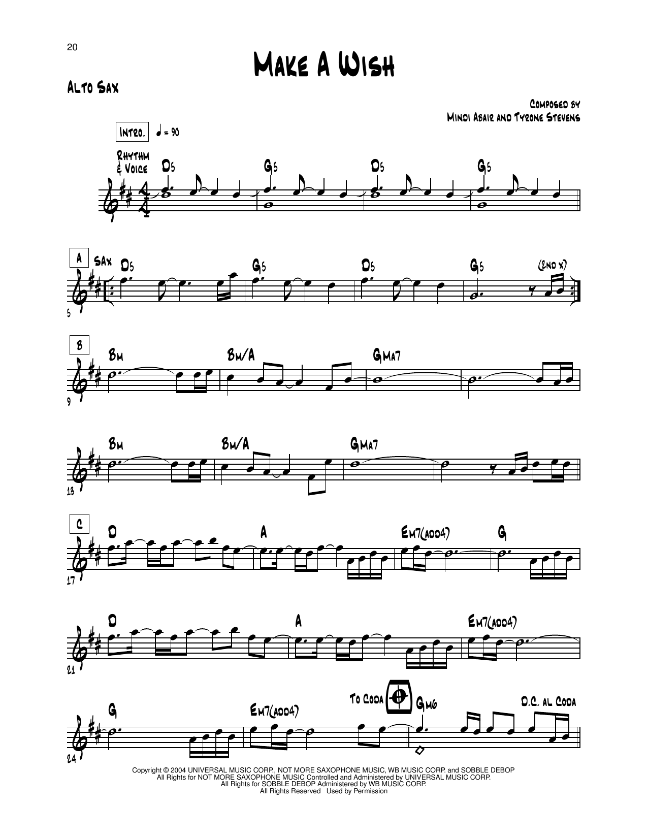 Download Mindi Abair Make A Wish Sheet Music and learn how to play Alto Sax Transcription PDF digital score in minutes