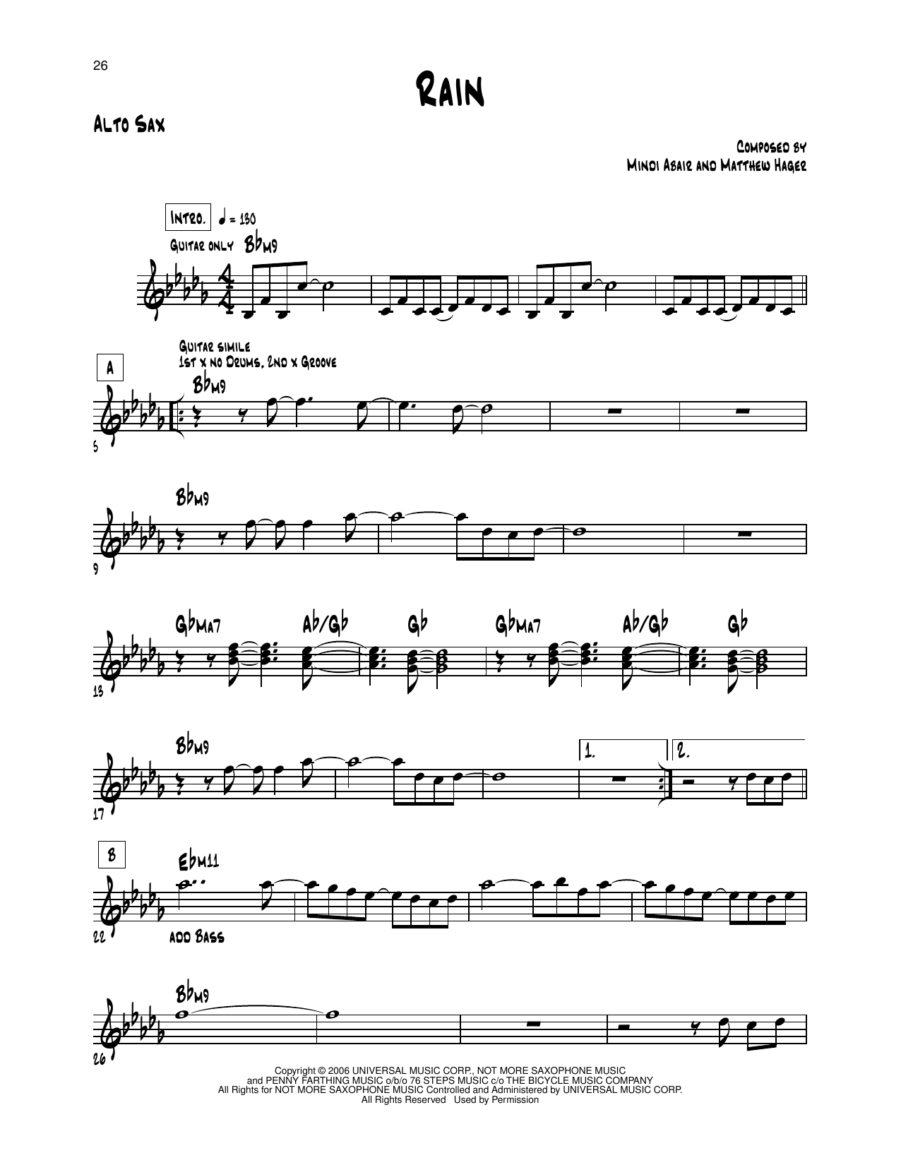 Download Mindi Abair Rain Sheet Music and learn how to play Alto Sax Transcription PDF digital score in minutes