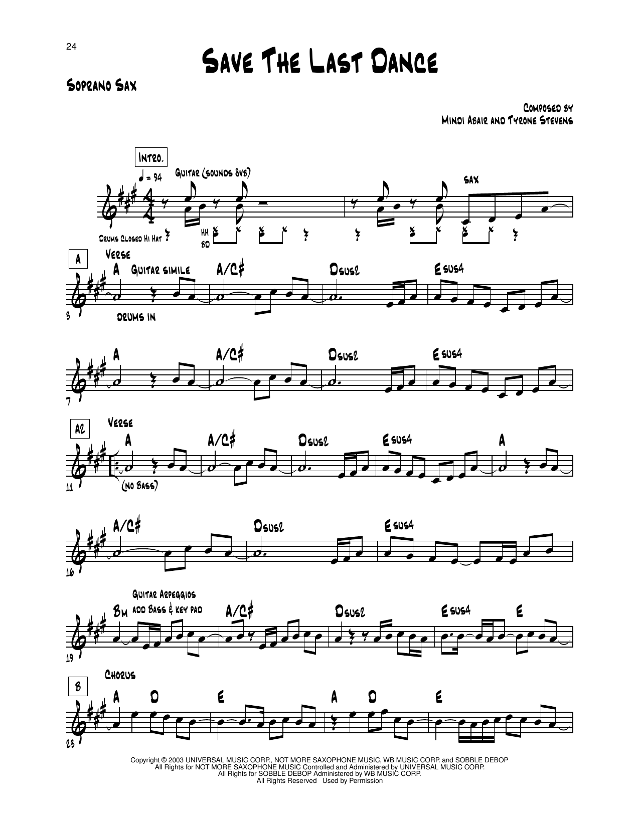 Download Mindi Abair Save The Last Dance Sheet Music and learn how to play Soprano Sax Transcription PDF digital score in minutes