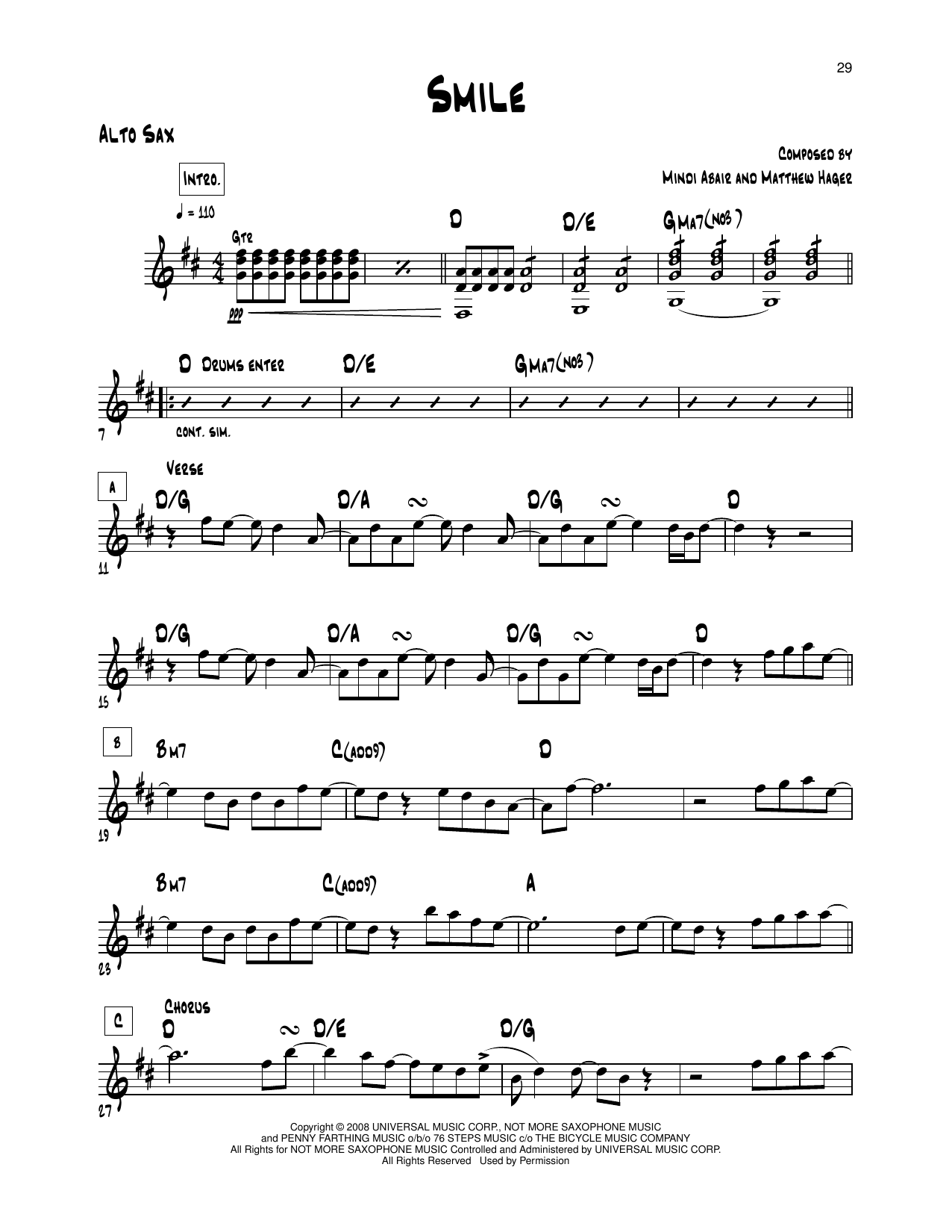 Download Mindi Abair Smile Sheet Music and learn how to play Alto Sax Transcription PDF digital score in minutes