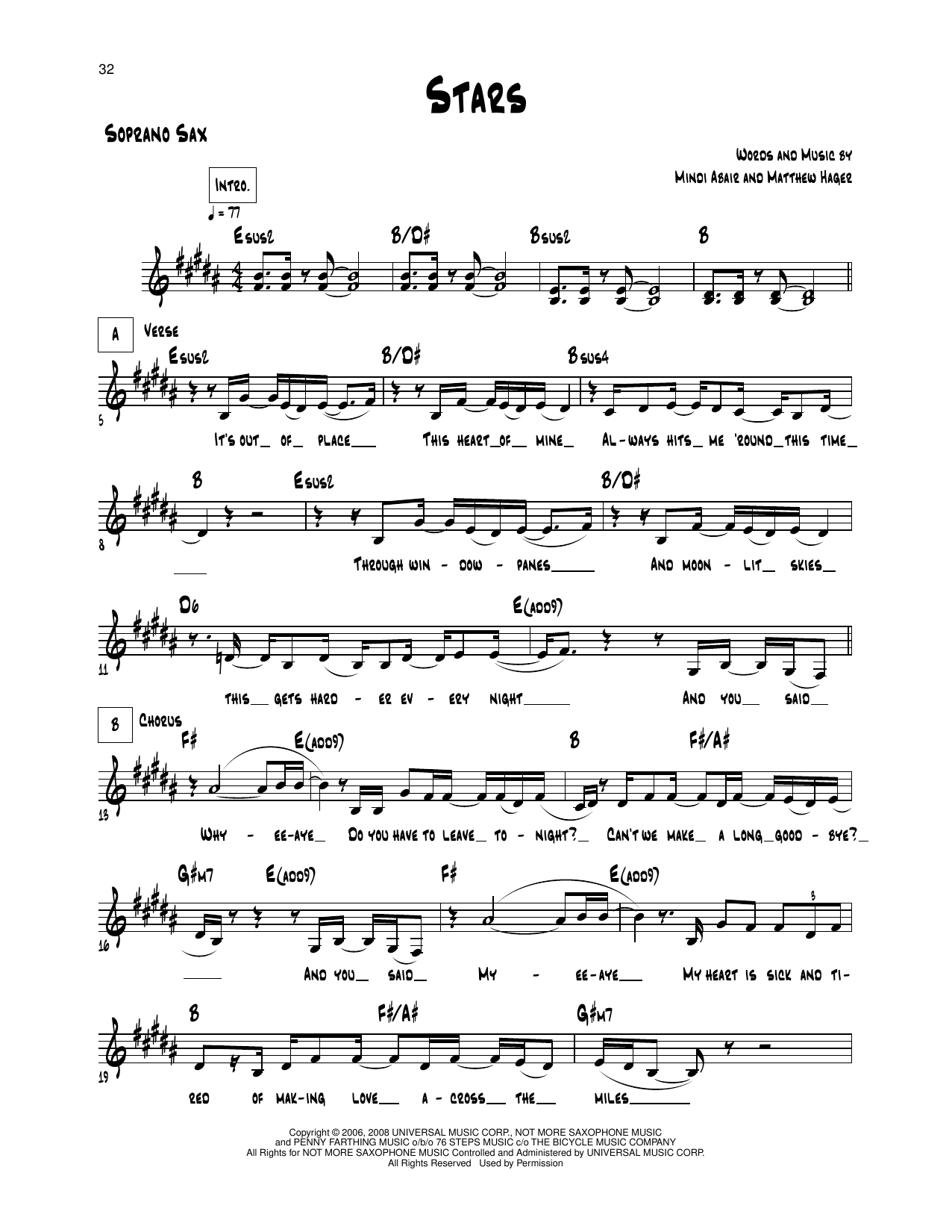 Download Mindi Abair Stars Sheet Music and learn how to play Soprano Sax Transcription PDF digital score in minutes